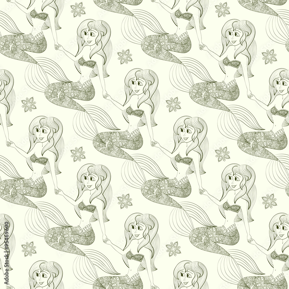 Hand drawn illustration of Ornamental Mermaid. Shaped Mermaid. Seamless pattern with mermaid Hand drawn illustration of Ornamental Mermaid. Shaped Mermaid. Seamless pattern with mermaid
