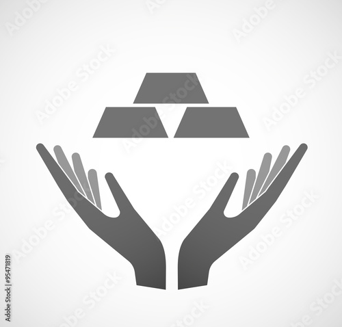Two vector hands offering three gold bullions