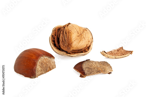 Forest hazelnuts isolated on white background