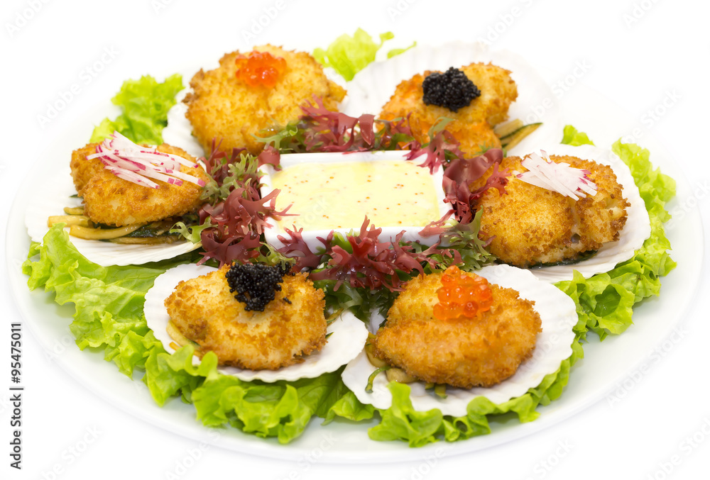scallops in batter decorated eggs and salad scallops in batter decorated eggs and salad