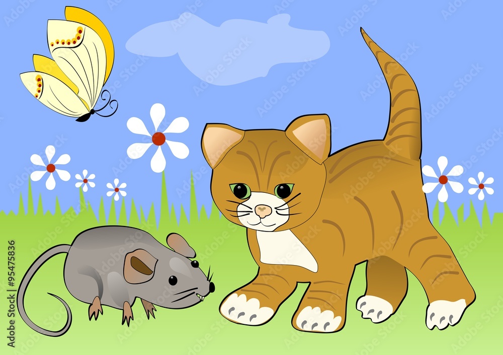 Kitten watching mouse on the green blooming meadow. Yellow butterfly flying over white flowers. Cheerful spring illustration with animals cartoon. Kitten watching mouse on the green blooming meadow. Yellow butterfly flying over white flowers. Cheerful spring illustration with animals cartoon.