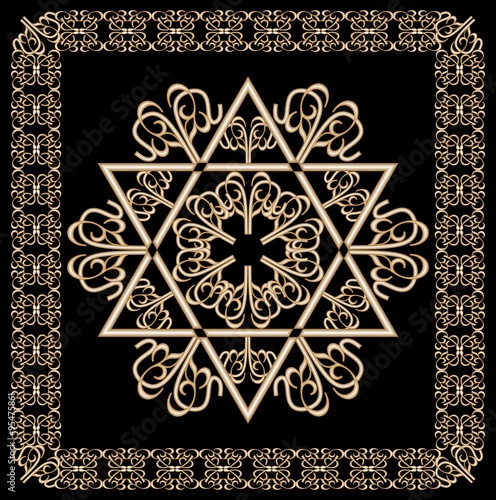 Luxury golden ornament with David star motif in filigree gold frame on black background. Jewish religious hexagram symbol named in hebrew magen.