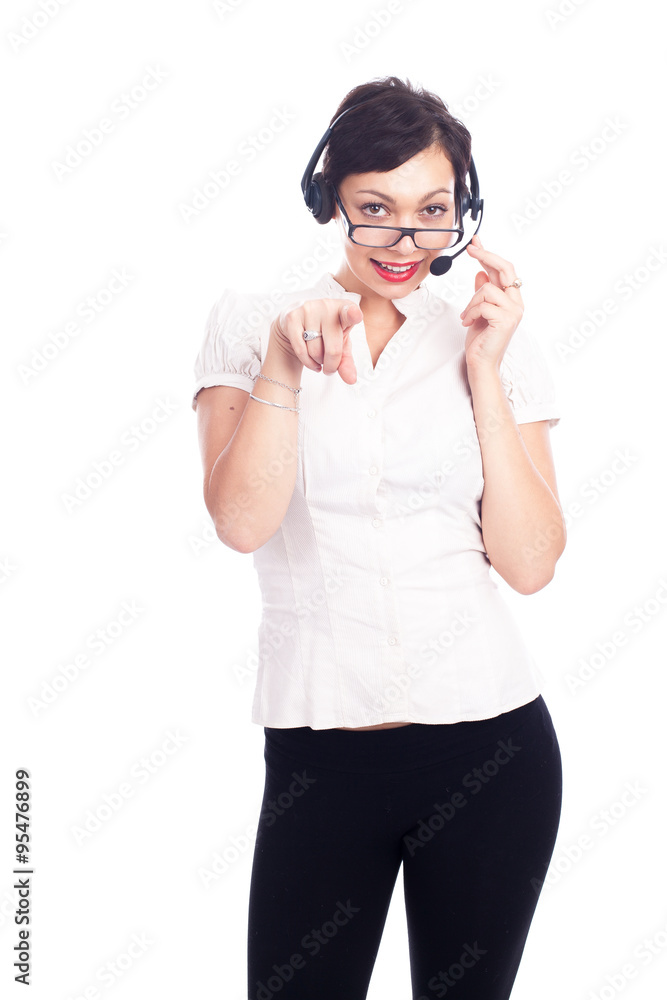 Beautiful young call-center assistant smiling , isolated on white Beautiful young call-center assistant smiling , isolated on white