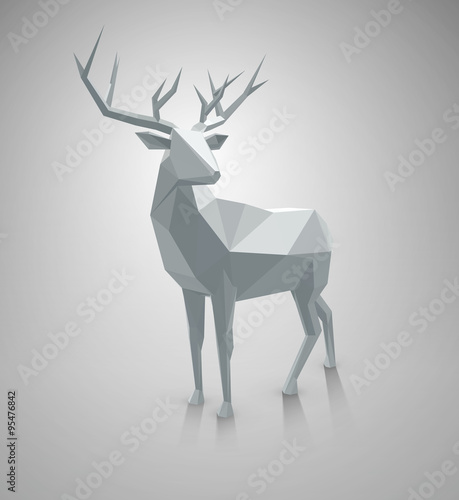 Polygonal illustration. Vector low poly deer, with space for text. Stag as graphic element for Christmas designs.