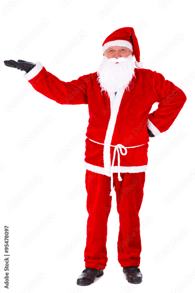 Christmas Santa Claus Portrait. Presenting blank space for your product. Isolated on White Background Christmas Santa Claus Portrait. Presenting blank space for your product. Isolated on White Background