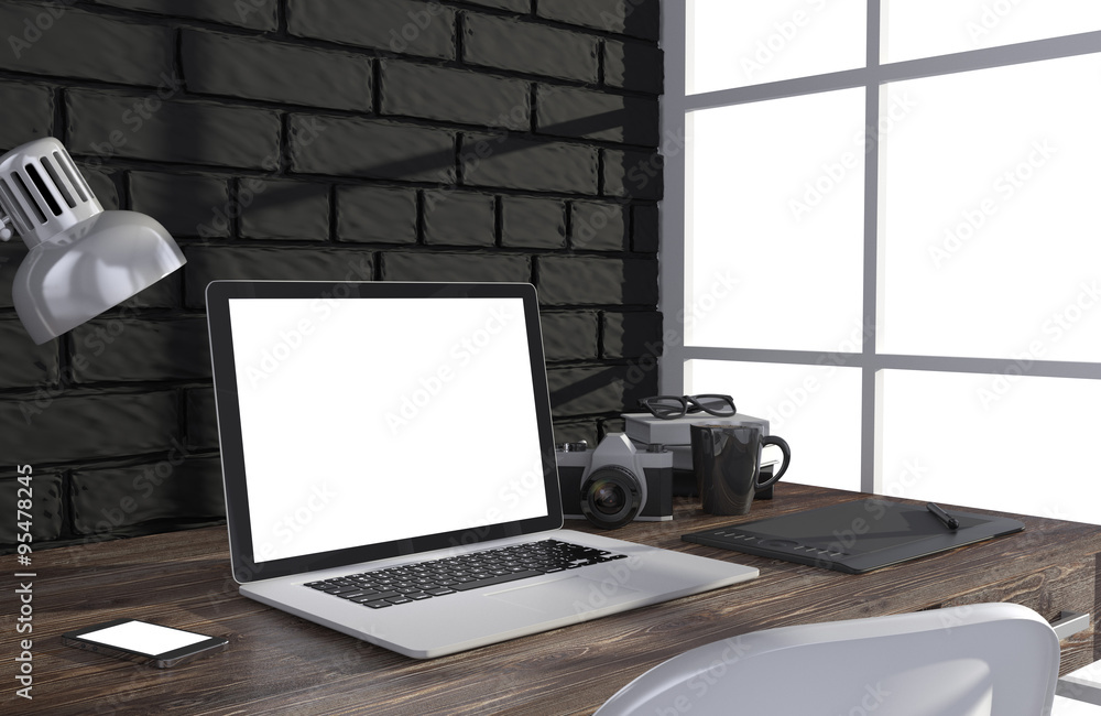 Fototapeta premium 3D illustration laptop and work stuff on table near brick wall, Workspace