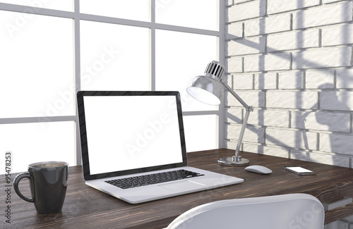 Wallpaper Mural 3D illustration laptop and work stuff on table near brick wall, Workspace Torontodigital.ca