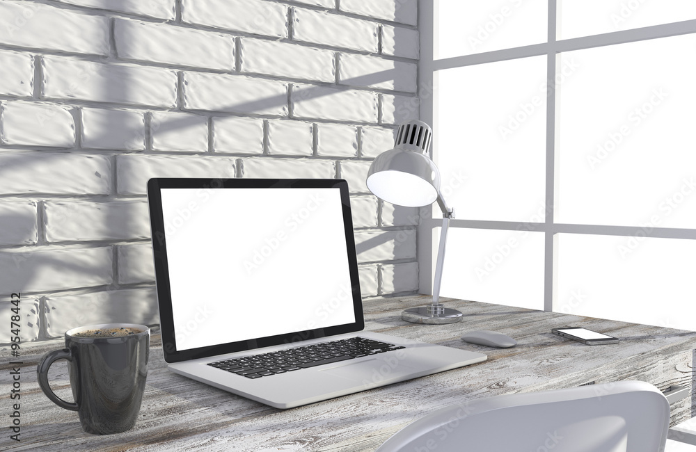 Fototapeta premium 3D illustration laptop and work stuff on table near brick wall, Workspace