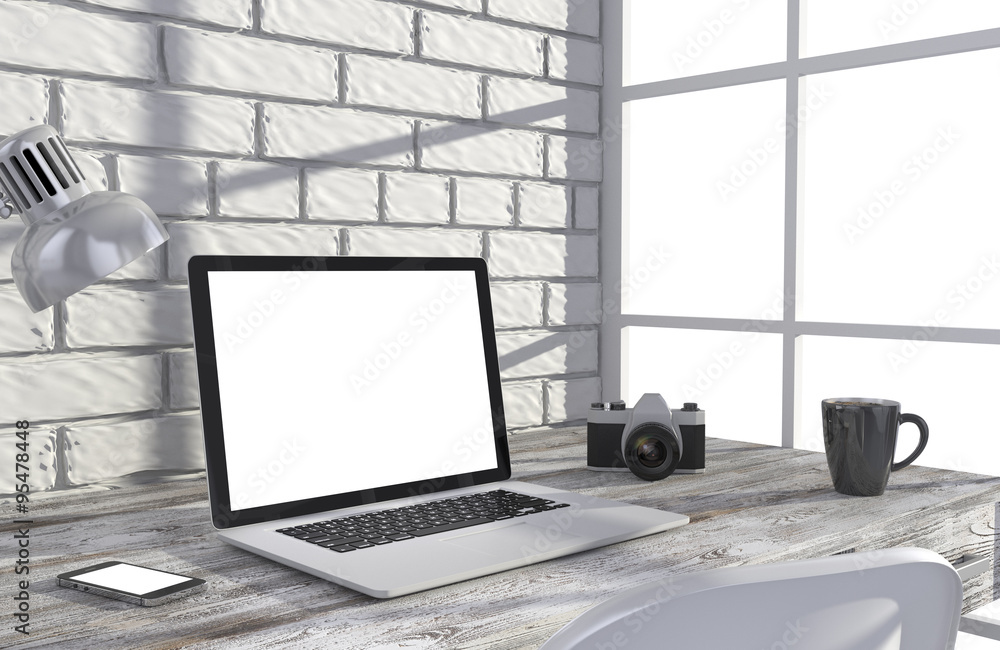 Fototapeta premium 3D illustration laptop and work stuff on table near brick wall, Workspace