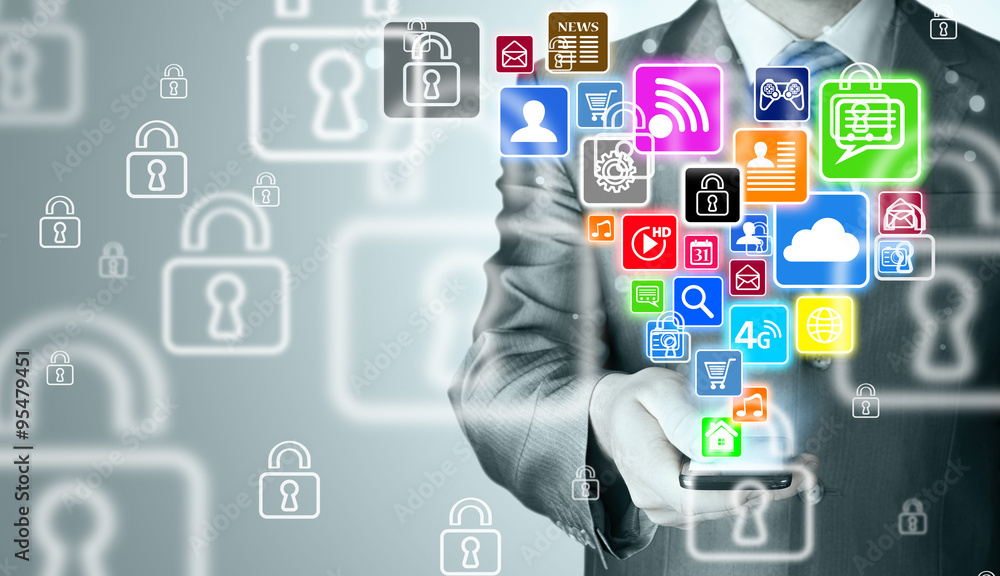 Business man using smart phone with social media icon set Business man using smart phone with social media icon set
