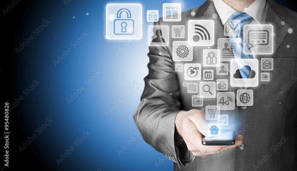 Business man using smart phone with social media icon set Business man using smart phone with social media icon set