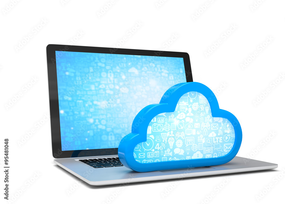 Laptop with cloud computing symbol on keyboard. 3d render Laptop with cloud computing symbol on keyboard. 3d render