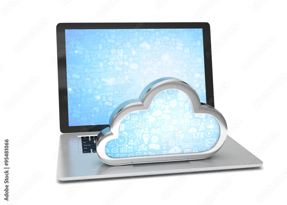 Laptop with cloud computing symbol on keyboard. 3d render Laptop with cloud computing symbol on keyboard. 3d render