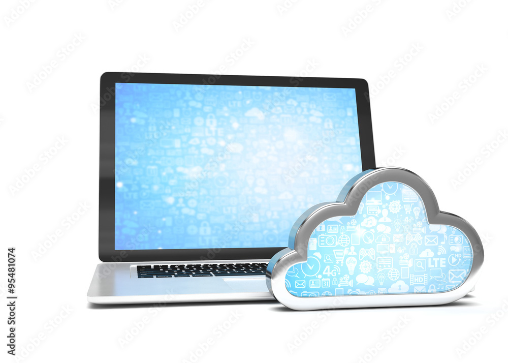 Laptop with cloud computing symbol. 3d render Laptop with cloud computing symbol. 3d render