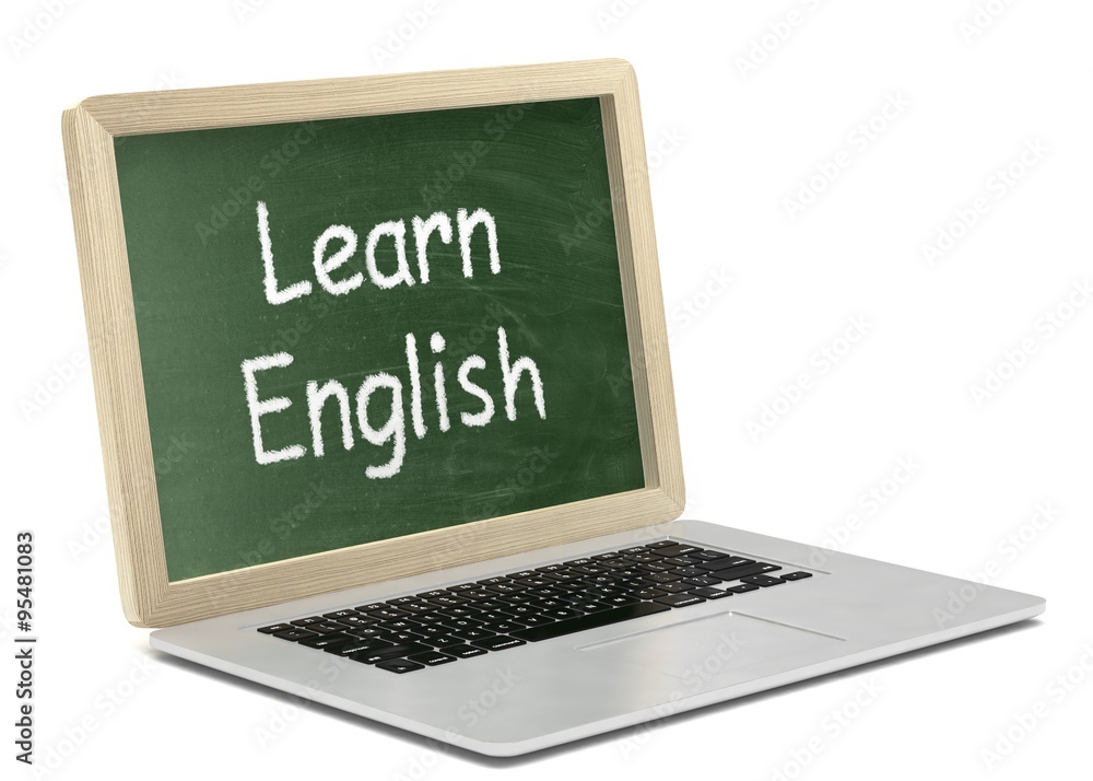 Laptop with chalkboard, learn english, online education concept Laptop with chalkboard, learn english, online education concept