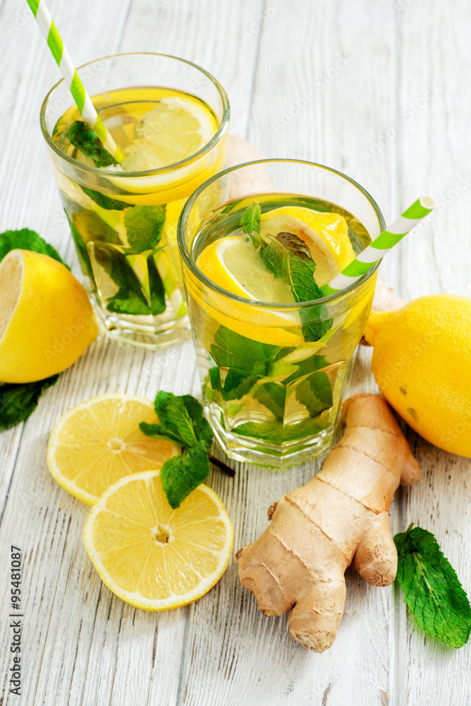 iced tea with lemon, mint and ginger on a wooden background
iced tea with lemon, mint and ginger on a wooden background