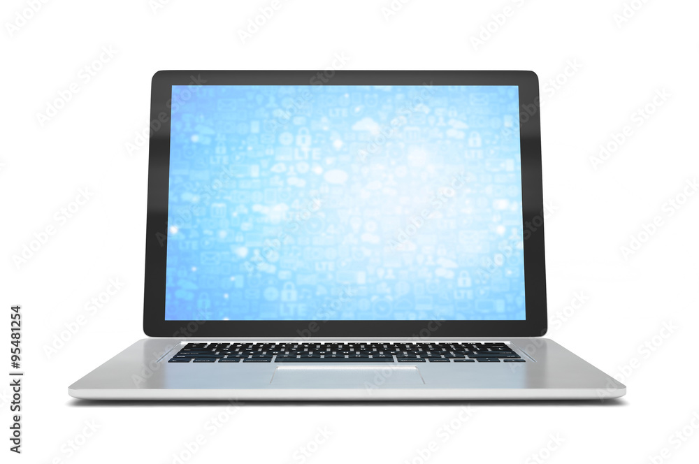 3d rendering of a laptop with blue wallpaper with app icon 3d rendering of a laptop with blue wallpaper with app icon
