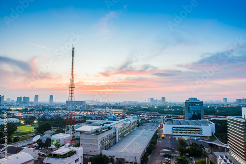 Bangkok cityscape with communication tower at twilight  Thailand