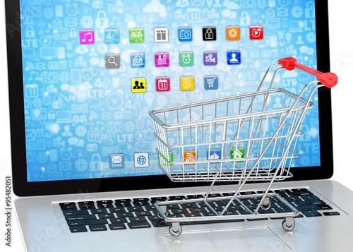 Shopping cart on laptop. 