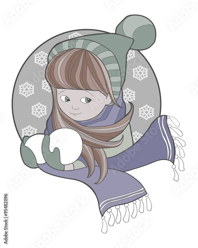 Girl in hat and scarf with snowballs