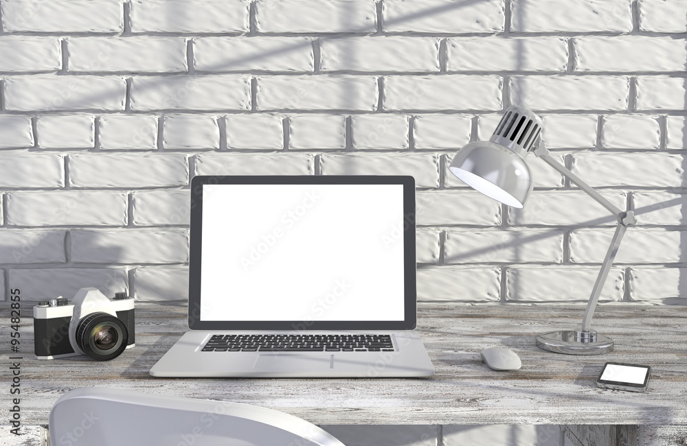 Fototapeta premium 3D illustration laptop and work stuff on table near brick wall, Workspace