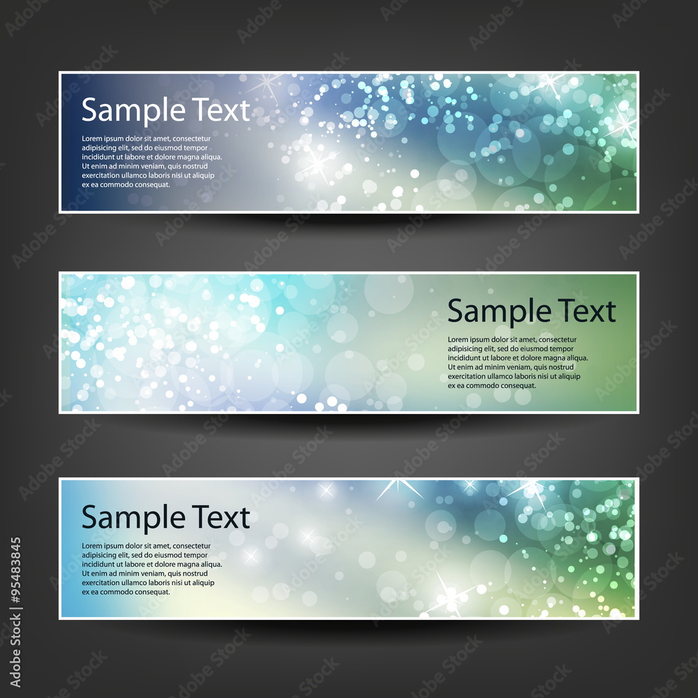 Set of Horizontal Banner or Header Designs for Christmas, New Year or Other Holidays with Colorful Sparkling Pattern Background - Colors: Blue, Green, Brown