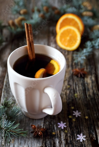 Winter hot drink with cinnamon and orange
