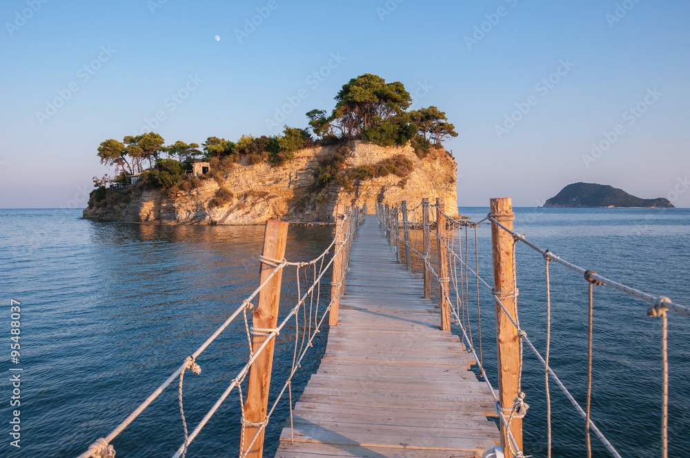 Bridge to Cameo Island at sunset, Zakynthos, Greece