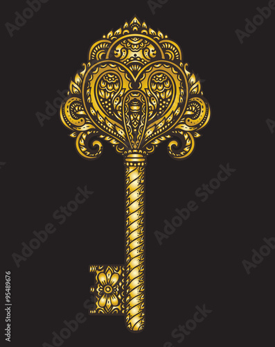 Vector hand drawn antique ornate key in golden metallic.