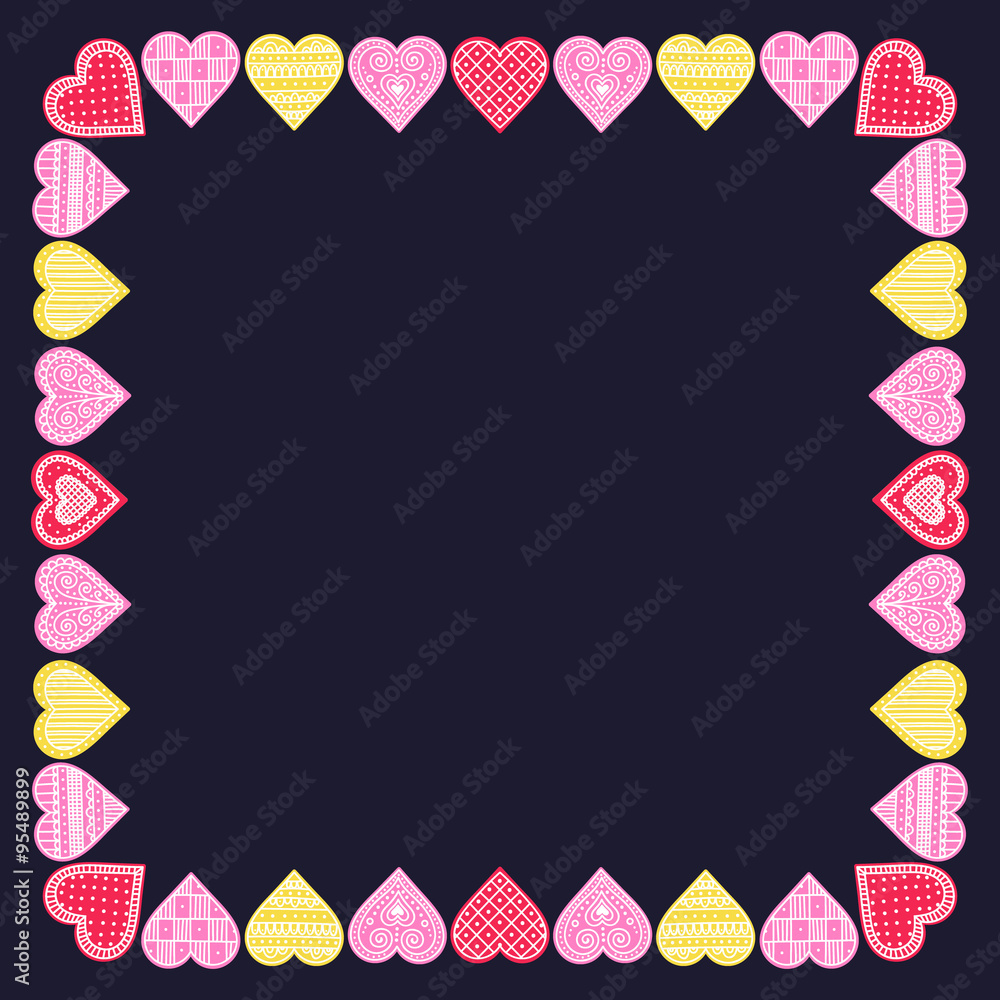 Obraz premium Gingerbread frame. Frame with gingerbread hearts. Hand drawn hearts with doodle ornament. Vector. Pink, yellow, red colors.