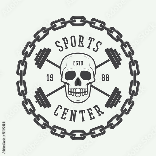 Vintage gym logo, emblem, badge, label or watermark with skull 