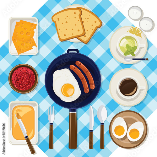 Vector breakfast time illustration with food and coffee
