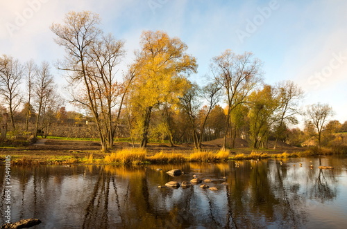 Beautiful autumn river landscape. River "Pskova" Pskov.