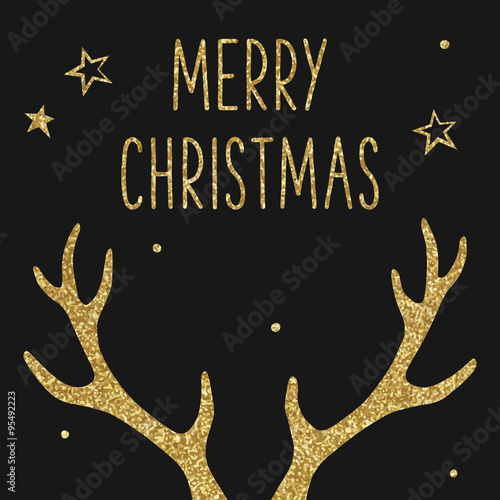 Hipster Christmas card, deer antlers, gold texture