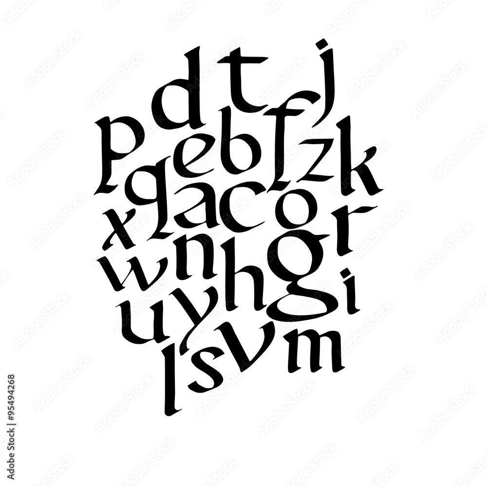 Vector hand drawn medieval alphabet. Old manuscript style letters. Based on foundational font Vector hand drawn medieval alphabet. Old manuscript style letters. Based on foundational font