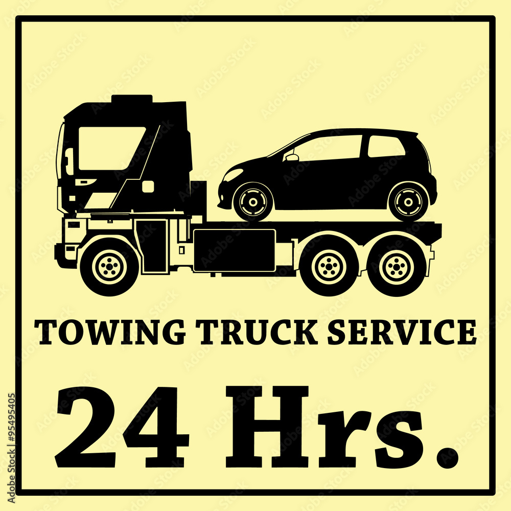 Towing truck vector icon and 24 Hrs. Service banner. In sticker style.