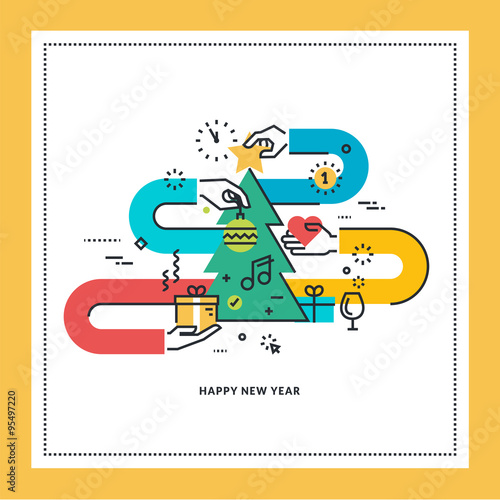 Flat line design New Year greeting card. Vector illustration for website banner and marketing material.