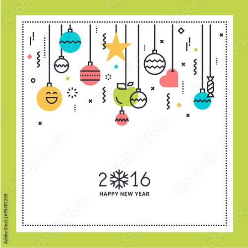New Year flat line design greeting card. Vector illustration for website banner and marketing material.