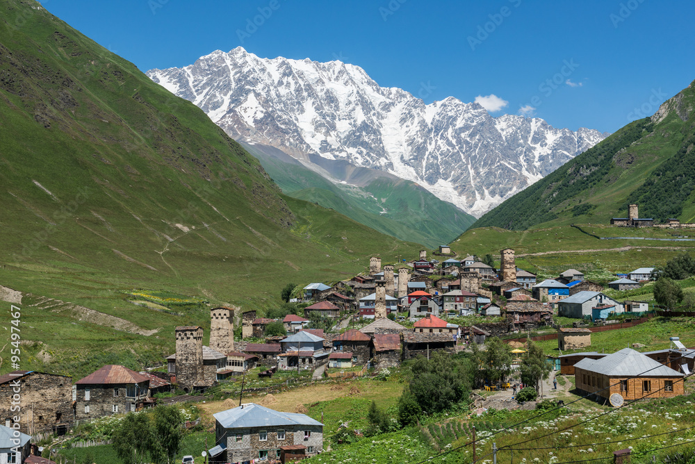 villages community called Ushguli in Upper Svanetia region, Georgia. Shkhara mountain on background