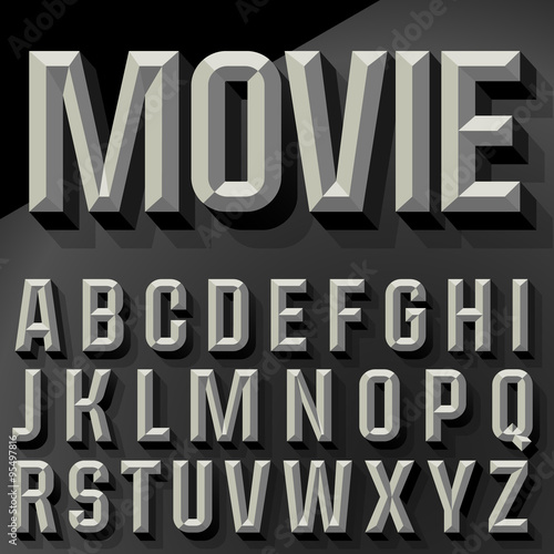 Vector 3D condense beveled alphabet with shadow. Black and white version.