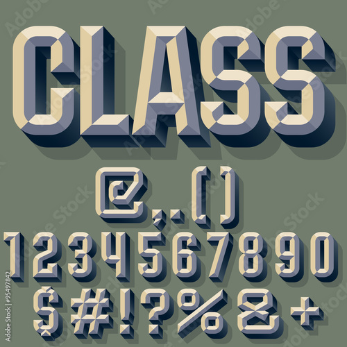 Vector illustration of old school beveled alphabet. Simple colored version. Numbers and Symbols