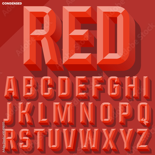 Vector 3D red condense beveled alphabet with shadow. Simple colored version.