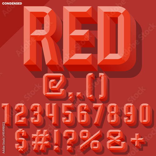 Vector 3D red set of condense beveled numbers and symbols with shadow. Simple colored version.