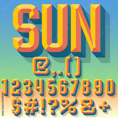 Vector 3D summer set of condense beveled numbers and symbols with shadow. Multicolored version.