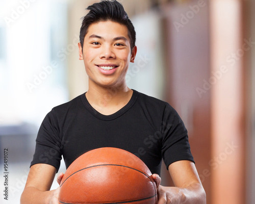 happy chinese sport man with basket ball