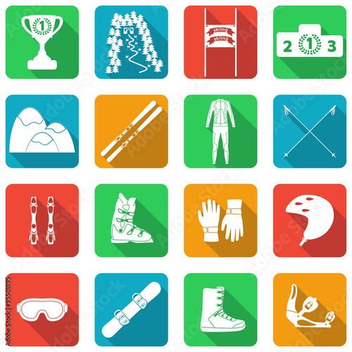 Alpine (downhill) slalom. Set of equipment, wear and shoes for slalom. Snowbord and mountain skies, mountains, gate, race track, flag, winner cup and podium, special protection cloth and shoes.