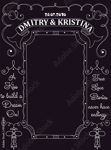 Blackboard with vintage ornament. The background for the wedding photo shoot. Vector illustration 