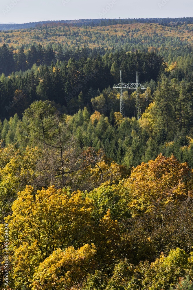 Electricity pylon in colorful forest in autumn