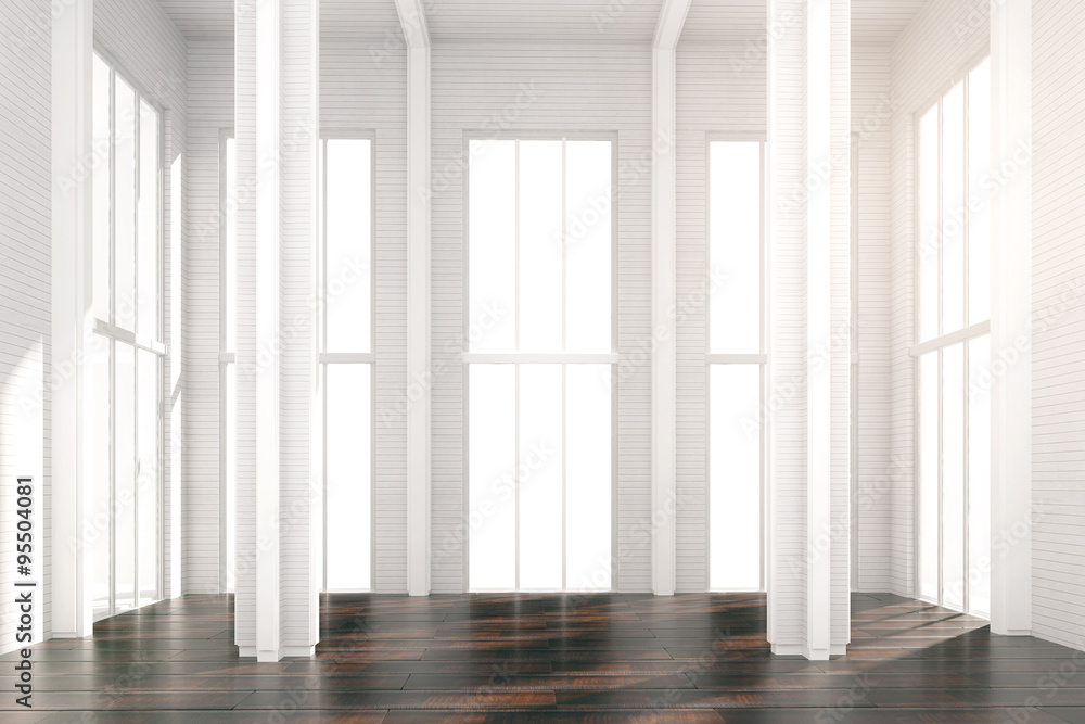 Fototapeta premium White sunny loft room with brown wooden floor