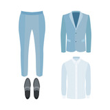 Set of trendy men's clothes with pants, shirt, jacket and loafers.  Men's wardrobe. Vector illustration